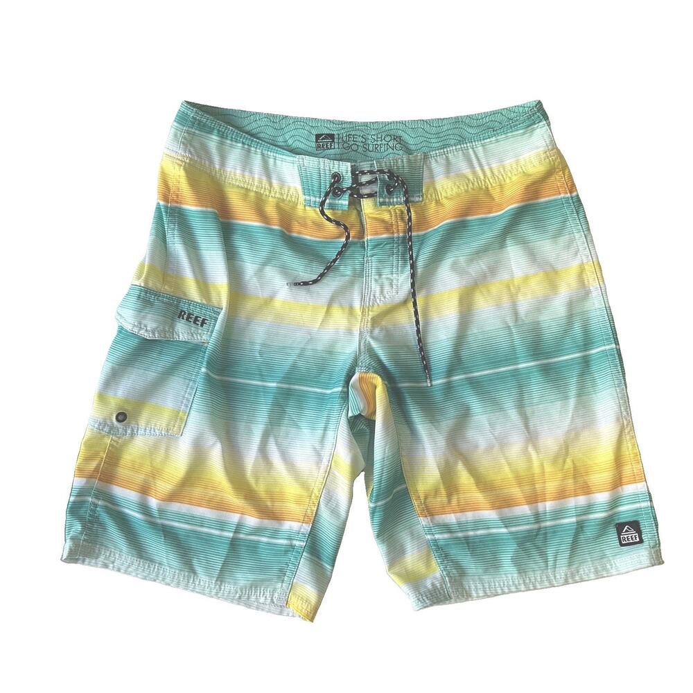 Reef Men Swimwear 32 Turquoise Board Shorts Striped Surf Shorts Logo Lined 10”